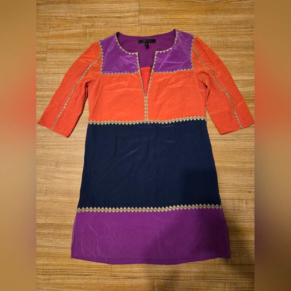 BCBG Maxazria Color Block Silk Shift Purple Navy Coral 3/4 Sleeve Dress XS